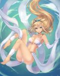  1girl barefoot bird blonde_hair blue_eyes breasts cleavage dove elbow_gloves gloves highres janna_windforce league_of_legends long_hair open_mouth pointy_ears riffey smile solo 