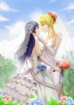  2girls absurdres ayase_eli blonde_hair blue_eyes blue_hair blue_rose blurry blush bouquet bridal_veil chin_grab clouds couple depth_of_field dress earrings elbow_gloves eye_contact female flower frills gloves hair_up highres jewelry long_hair looking_at_another love_live!_school_idol_project multiple_girls outdoors pink_rose rose shi_yu_mu_yun sky smile sonoda_umi strapless strapless_dress veil wedding wedding_dress white_gloves wife_and_wife yellow_eyes yuri 