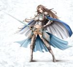  1girl armor armored_boots ass_visible_through_thighs belt boots breasts brown_eyes brown_hair cape catalina_(granblue_fantasy) gauntlets granblue_fantasy hand_on_hip high_heels holding holding_sword holding_weapon long_hair looking_at_viewer navel parted_lips shoulder_armor size_hermitage smile solo sword very_long_hair weapon 
