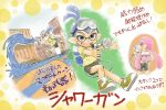  1boy 1girl bike_shorts blue_eyes blue_hair child domino_mask goggles goggles_on_head hand_on_hip hose inkling mask mitsui_jun pink_eyes pink_hair pointy_ears ponytail running shipping_container shirt shorts sidelocks smile splatoon squid t-shirt tentacle_hair translation_request 