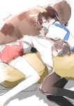  2girls akagi_(kantai_collection) animal_ears brown_hair closed_eyes commentary_request fox_ears fox_tail japanese_clothes kaga_(kantai_collection) kantai_collection kemonomimi_mode long_hair lying multiple_girls on_side raccoon_ears raccoon_tail shuu-0208 side_ponytail sketch sleeping sleeping_on_person tail tail_hug thigh-highs twitter_username 