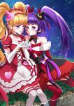  2girls arakawa_hiyori asahina_mirai black_hat blonde_hair bow choker cure_magical cure_miracle earrings elbow_gloves frills gem gloves hair_bow hairband hat izayoi_liko jewelry long_hair looking_at_another magical_girl mahou_girls_precure! mini_hat mini_witch_hat multiple_girls night pink_hat precure puffy_sleeves purple_hair red_bow red_legwear red_skirt ruby_style sitting skirt sky smile star_(sky) starry_sky striped striped_bow thigh-highs twintails violet_eyes water white_gloves white_legwear witch_hat 