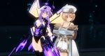  2girls 3d absurdres bangs bare_shoulders blanc blue_eyes blush braid breasts brown_hair cleavage detached_wings gloves hair_ornament hat highres leotard long_hair looking_at_viewer multiple_girls neptune_(choujigen_game_neptune) neptune_(series) purple_hair purple_heart short_hair smile sumxsum03 symbol-shaped_pupils twin_braids very_long_hair wings 