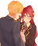  1boy 1girl blonde_hair blush chuu forehead_protector green_eyes jaune_arc light_smile long_hair ponytail pyrrha_nikos redhead rwby school_uniform shirt short_hair 