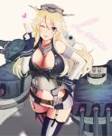  1girl bare_shoulders belt blonde_hair blue_eyes breasts character_name cleavage detached_sleeves elbow_gloves garter_straps gloves headgear heart iowa_(kantai_collection) kantai_collection large_breasts long_hair looking_at_viewer machinery miniskirt mismatched_legwear navel one_eye_closed salute skirt solo taka_(vert_320) thigh-highs white_gloves zettai_ryouiki 