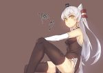  1girl absurdres amatsukaze_(kantai_collection) black_legwear china_dress chinese_clothes dress elbow_gloves gloves grey_background hat highres kantai_collection long_hair looking_at_viewer simple_background sitting solo thigh-highs twintails white_gloves white_hair wulazula yellow_eyes 
