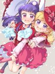  2girls asahina_mirai blonde_hair blush bow broom broom_riding capelet checkered checkered_bow frilled_skirt frills grey_background hat hat_bow heart izayoi_liko magical_girl mahou_girls_precure! multiple_girls open_mouth pink_eyes ponytail precure school_uniform simple_background skirt star straddling tokunou_shoutarou violet_eyes wand witch_hat 