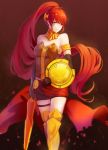  1girl breasts dre elbow_gloves forehead_protector gloves green_eyes highres long_hair polearm ponytail pyrrha_nikos redhead rwby shield smile solo spear weapon 