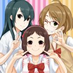  3girls black_hair brown_hair glasses hairband idolmaster idolmaster_cinderella_girls ky_kosuke long_hair multiple_girls muramatsu_sakura new_wave one_eye_closed ooishi_izumi school_uniform short_hair smile tsuchiya_ako v 