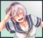  1girl ahoge aoba_(kantai_collection) blush breasts cleavage hair_ornament happy kantai_collection large_breasts miyoshi_(triple_luck) open_mouth ponytail purple_hair salute school_uniform serafuku short_hair simple_background smile solo teeth tongue upper_body 