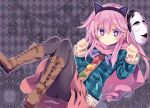  1girl animal_ears black_legwear boots clenched_hands cross-laced_footwear fake_animal_ears fur_trim hata_no_kokoro jpeg_artifacts long_hair looking_at_viewer mask maturiuta_sorato pantyhose paw_pose pink_eyes pink_hair plaid scarf skirt smile solo touhou 