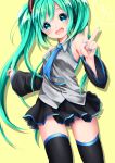 1girl akira_ry0 aqua_eyes aqua_hair cowboy_shot dated detached_sleeves hatsune_miku long_hair nail_polish necktie skirt solo thigh-highs twintails twintails_day v very_long_hair vocaloid yellow_background 