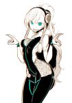  1girl bodysuit breasts cleavage hair_ornament headphones ken_(koala) long_hair looking_at_viewer neon_trim open_mouth original ponytail simple_background skin_tight smile white_background wristband 