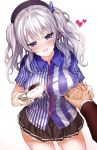  baozi breast_grab breasts employee_uniform food guided_breast_grab hat kantai_collection kashima_(kantai_collection) large_breasts lawson mutsutake silver_hair twintails uniform wavy_hair 