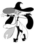  1girl black_legwear boots elbow_gloves gloves hat ken_(koala) long_sleeves looking_at_viewer magical_girl monochrome original pelvic_curtain short_hair simple_background staff white_background witch_hat 