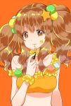  1girl alternate_costume bangs bare_shoulders body_writing brown_eyes brown_hair choker crop_top english eyebrows eyebrows_visible_through_hair eyelashes frilled_choker frills hair_ornament holding_lipstick idolmaster idolmaster_cinderella_girls lipstick_mark lipstick_tube long_hair looking_at_viewer midriff moroboshi_kirari ohlala orange_background parted_lips pom_pom_(clothes) simple_background solo star star-shaped_pupils star_hair_ornament symbol-shaped_pupils upper_body wrist_cuffs 