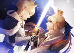  2girls ahoge armor armored_dress artoria_caster_(fate) artoria_caster_(third_ascension)_(fate) artoria_pendragon_(all) artoria_pendragon_(fate) bangs black_gloves blonde_hair blue_cape blue_dress blue_ribbon braid cape closed_eyes commentary crown dress excalibur_(fate/stay_night) fate/grand_order fate/stay_night fate_(series) french_braid from_side fur-trimmed_cape fur_collar fur_trim gauntlets gloves glowing glowing_sword glowing_weapon green_eyes hair_bun hair_ribbon highres holding holding_hands holding_sword holding_weapon long_sleeves looking_at_another mini_crown multiple_girls ponytail profile ribbon saber single_hair_bun sword weapon yamano_udumi 