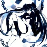  1girl belt black_gloves black_hair black_jacket black_legwear black_rock_shooter black_rock_shooter_(character) black_shoes black_shorts blue_eyes breasts buckle cleavage cube expressionless gloves glowing glowing_eye hair_between_eyes jacket kneehighs long_hair long_sleeves looking_at_viewer lp_(hamasa00) midriff open_clothes open_jacket project_diva_(series) project_diva_f shoe_soles shoes short_shorts shorts simple_background small_breasts solo star twintails very_long_hair vocaloid white_background white_skin 