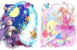  2girls :3 :d arm_up asahina_mirai bird black_gloves black_hat blonde_hair blue_background boots bow butterfly candy capelet card cowboy_shot cure_magical cure_miracle elbow_gloves flower food fruit full_body full_moon gem gloves hair_bow half_updo happy hat izayoi_liko knee_boots long_hair looking_at_viewer looking_back magic magical_girl mahou_girls_precure! mini_hat mini_witch_hat moon multiple_girls naokado open_mouth pink_bow pink_hat pink_skirt playing_card ponytail precure purple_hair purple_skirt rainbow red_bow red_hat skirt smile star strawberry violet_eyes white_boots white_gloves witch_hat 