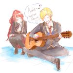  1boy 1girl blonde_hair chuu guitar instrument jaune_arc long_hair ponytail pyrrha_nikos redhead rwby school_uniform short_hair 