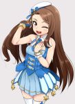  1girl brown_hair fingerless_gloves gloves hat idolmaster idolmaster_platinum_stars long_hair looking_at_viewer mamezou minase_iori one_eye_closed open_mouth red_eyes solo thigh-highs wrist_cuffs 