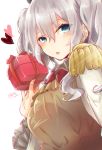  1girl apron box epaulettes gift gift_box gloves hair_between_eyes highres kantai_collection kashima_(kantai_collection) long_hair looking_at_viewer military military_uniform nano_(cherry_line) outside_border silver_hair solo tongue tongue_out twintails uniform upper_body valentine wavy_hair white_gloves 