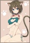  1girl a_(nanananaaannaa) animal_ears bandeau bare_arms bare_legs bare_shoulders barefoot beige_background between_legs blue_eyes blush border bra breasts brown_border brown_hair cat_cutout cat_ear_panties cat_ears cat_lingerie cat_tail cleavage cleavage_cutout closed_mouth collarbone covered_nipples eyebrows eyebrows_visible_through_hair frown green_bra green_panties hand_between_legs hips holding_arm kantai_collection looking_at_viewer maya_(kantai_collection) midriff navel panties paws red_ribbon ribbon short_hair simple_background sitting solo stomach tail thighs tsurime underwear wariza x_hair_ornament 