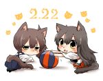  2girls :3 akagi_(kantai_collection) animal_ears ball black_hair blush brown_hair cat_day cat_ears cat_tail chibi kaga_(kantai_collection) kantai_collection kemonomimi_mode long_hair multiple_girls rebecca_(keinelove) shirt side_ponytail skirt tail very_long_hair yellow_eyes 