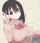  1girl black_hair blue_eyes bow breast_rest breasts classroom desk highres large_breasts listening looking_at_viewer looking_back nao_(qqqbb) one_ear_listening original school_desk school_uniform sitting smile solo_focus sweater taut_clothes 