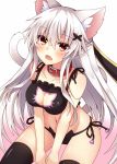 1girl animal_ears black_bra black_panties bra breasts cat_cutout cat_ear_legwear cat_ear_panties cat_ears cat_lingerie cat_tail cleavage cleavage_cutout collar eyebrows eyebrows_visible_through_hair fang highres kuzuyu long_hair original panties red_eyes side-tie_panties silver_hair solo tail thigh-highs underwear underwear_only