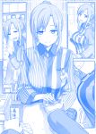  barcode_scanner breasts comic convenience_store employee_uniform himura_kiseki large_breasts looking_at_viewer money monochrome name_tag original ponytail shirt shop silent_comic smile striped striped_shirt sweat uniform waving yen 