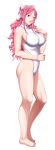  1girl bare_shoulders barefoot breasts full_body hair_ribbon hand_on_own_chest highres kusukawa_suzune large_breasts looking_at_viewer one-piece_swimsuit p/a_~potential_ability~ pink_hair ribbon sei_shoujo simple_background smile solo swimsuit violet_eyes 