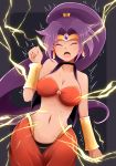  1girl arano_oki bandeau bare_shoulders breasts cleavage closed_eyes collarbone earrings electrocution gauntlets harem_outfit harem_pants high_ponytail highres jewelry large_breasts long_hair midriff navel open_clothes open_mouth open_vest pants ponytail purple_hair shantae shantae_(character) solo sweat tiara trembling very_long_hair vest 