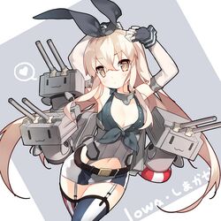  1girl alternate_costume brown_eyes cosplay fingerless_gloves gloves hairband iowa_(kantai_collection) iowa_(kantai_collection)_(cosplay) kantai_collection long_hair navel rensouhou-chan saru shimakaze_(kantai_collection) skirt turret 