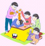  6+boys arm_support bowl_cut brothers brown_hair draw_two food fruit heart heart_in_mouth hood hoodie kotatsu male_focus mandarin_orange matsuno_choromatsu matsuno_ichimatsu matsuno_juushimatsu matsuno_karamatsu matsuno_osomatsu matsuno_todomatsu messy_hair multiple_boys osomatsu-kun osomatsu-san sextuplets siblings stacking sweatdrop table trembling under_kotatsu under_table 