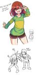  androgynous brown_hair chara_(undertale) fang frisk_(undertale) hitting korean one_eye_closed open_mouth shiro_(whddn2501) shirt simple_background smile spoilers striped striped_shirt translation_request undertale v v_over_eye white_background 