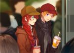  1boy 1girl baseball_cap bespectacled blonde_hair blue_eyes braid chuu drink glasses green_eyes hat incognito jaune_arc long_hair pyrrha_nikos redhead rwby short_hair smile 