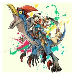  1boy 1girl braid felyne looking_back monster_hunter monster_hunter_stories riding ryuuta_(ipse) shield smile spiky_hair splatter sweatdrop velocidrome 