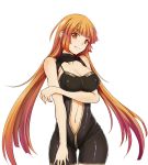  1girl bangs bare_shoulders blunt_bangs bodysuit breast_hold breasts cleavage cowboy_shot grin highres large_breasts long_hair looking_at_viewer navel navel_cutout orange_eyes orange_hair sangai_senki shiro_haoto smile solo strap_gap sun_wukong taut_clothes very_long_hair white_background 