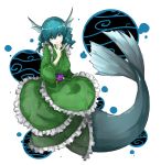  1girl blue_eyes blue_hair drill_hair fish_tail head_fins highres japanese_clothes kan_(aaaaari35) kimono mermaid monster_girl sash solo touhou wakasagihime 