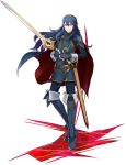  1girl blue_eyes blue_gloves blue_hair cape fingerless_gloves fire_emblem fire_emblem:_kakusei gloves highres holding_sword holding_weapon jewelry long_hair looking_at_viewer lucina project_x_zone_2 simple_background solo sword thigh-highs tiara weapon white_background 