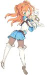  1girl blade_(galaxist) boots carrying_under_arm cat full_body gloves green_eyes hairband long_hair long_sleeves open_mouth orange_hair pleated_skirt pop-up_story simple_background skirt solo thigh-highs thigh_boots white_background white_gloves 