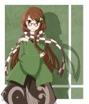  1girl :3 brown_eyes brown_hair futatsuiwa_mamizou futatsuiwa_mamizou_(human) glasses hair_ornament haori highres holding_pipe japanese_clothes kiseru leaf_hair_ornament pince-nez pipe scarf teoi_(good_chaos) touhou 