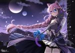  1girl animal_ears blue_eyes braid castle cat cat_day cat_ears dated eiyuu_densetsu emma_millstein glasses holding_cat moon moonlight morisaki_kurumi mountain night night_sky open_mouth purple_hair ribbon sen_no_kiseki sen_no_kiseki_2 sky star_(sky) starry_sky twitter_username 