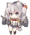  1girl animal_ears blue_eyes blush cat_ears cat_tail chibi crazy_developers epaulettes fang kantai_collection kashima_(kantai_collection) kneehighs silver_hair skirt smile solo tail two_side_up 