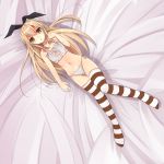  1girl :o bell bell_choker blonde_hair breasts cat_cutout cat_ear_panties cat_lingerie choker cleavage cleavage_cutout full_body hairband highres kantai_collection long_hair looking_at_viewer lying navel on_back panties shimakaze_(kantai_collection) side-tie_panties sonyntendo striped striped_legwear thigh-highs underwear white_panties yellow_eyes 