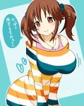  1girl bouncing_breasts breasts brown_eyes brown_hair heart highres idolmaster idolmaster_cinderella_girls jewelry looking_at_viewer necklace off_shoulder scrunchie shirt smile solo striped striped_shirt suhey345 totoki_airi translation_request twintails upper_body 