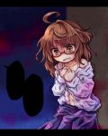  1girl brown_eyes brown_hair collarbone glasses messy_hair navel off_shoulder open_clothes open_mouth open_shirt pote_(ptkan) red-framed_glasses shirt skirt solo tears touhou trembling usami_sumireko wavy_mouth 