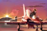  1girl airplane blonde_hair fighter_jet helmet jet long_hair military open_mouth original pilot_suit sky smile 