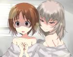  2girls blanket blue_eyes brown_eyes brown_hair covering empty_eyes gedou_(ge_ge_gedou) girls_und_panzer itsumi_erika long_hair looking_at_another multiple_girls nishizumi_miho nude short_hair silver_hair you_gonna_get_raped yuri 